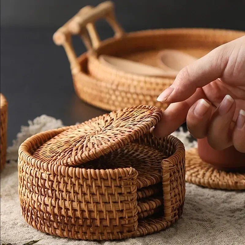 Drink Coasters, Woven Rattan Drink Coaster Set 8 cm, Heat Resistant Cup Coasters for Table Indoor and Outdoor_01