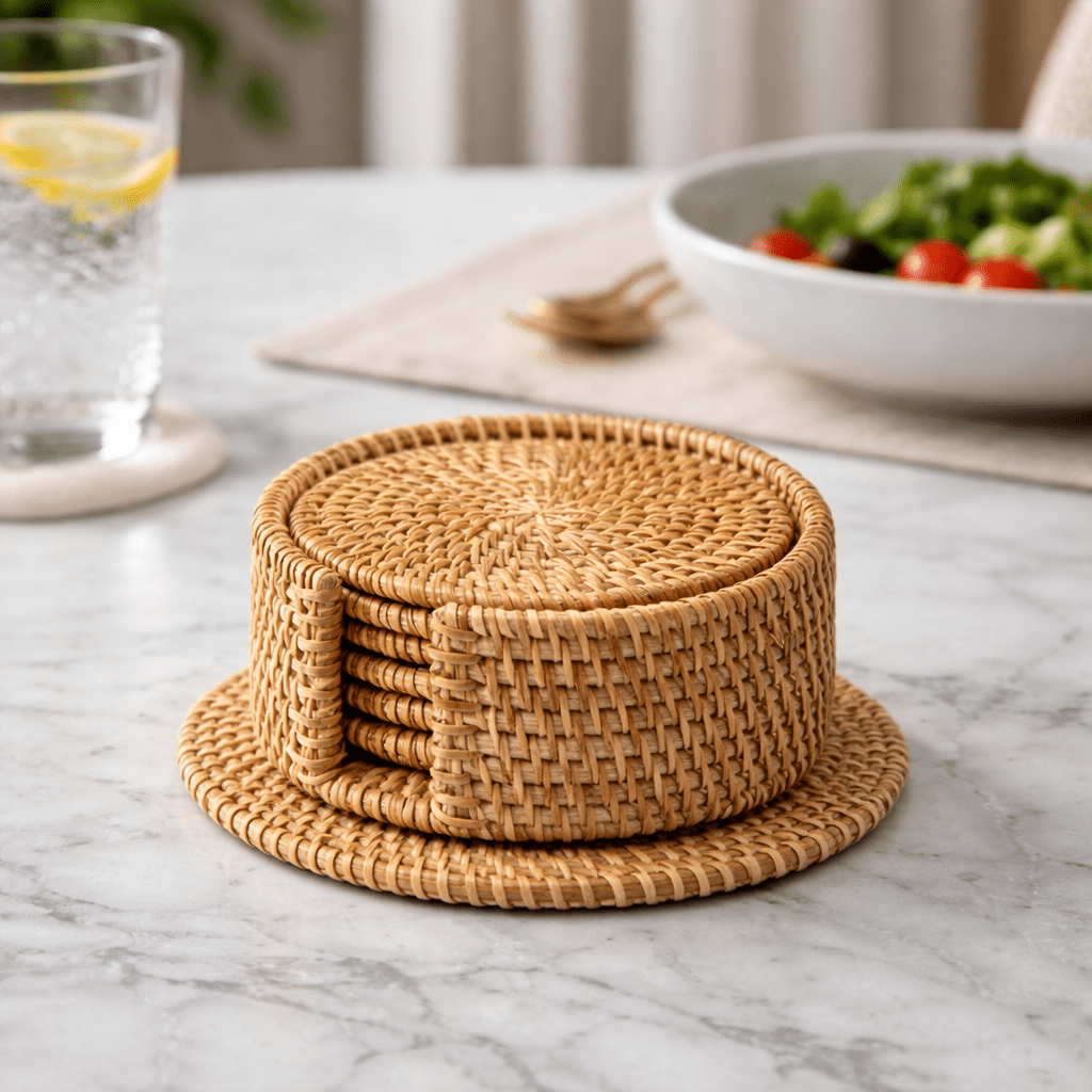 Drink Coasters, Woven Rattan Drink Coaster Set 8 cm, Heat Resistant Cup Coasters for Table Indoor and Outdoor_09