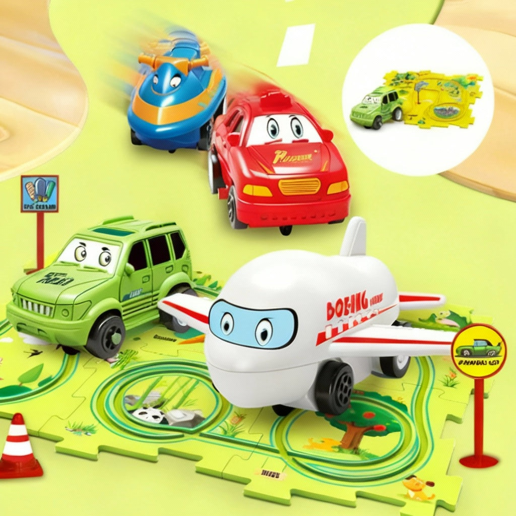 Race Track Puzzle Set for Kids with Battery Vehicle, Toy Car Track with Traffic Signs and Cones