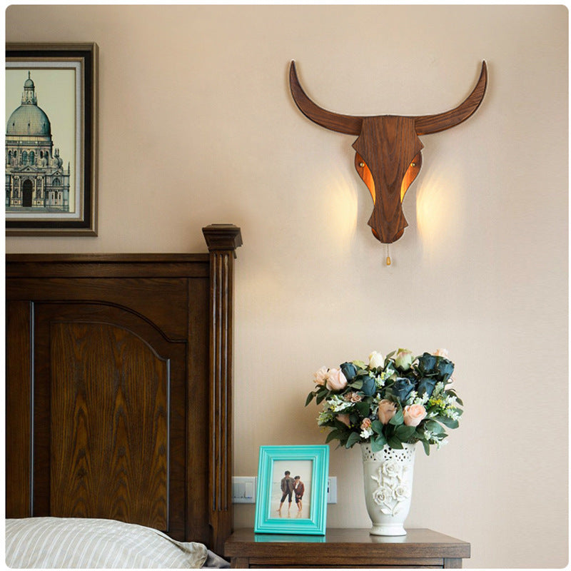 RusticAura | Bold Wooden Bull Head Wall Sconce Light Fixture 2