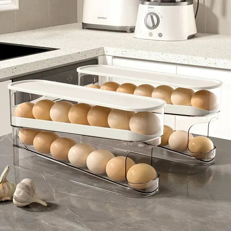 Egg Holders for Fridge, 2 Tier Automatic Rolling Egg Dispenser, Clear Egg Storage Fridge Organiser for Kitchen Storage_02