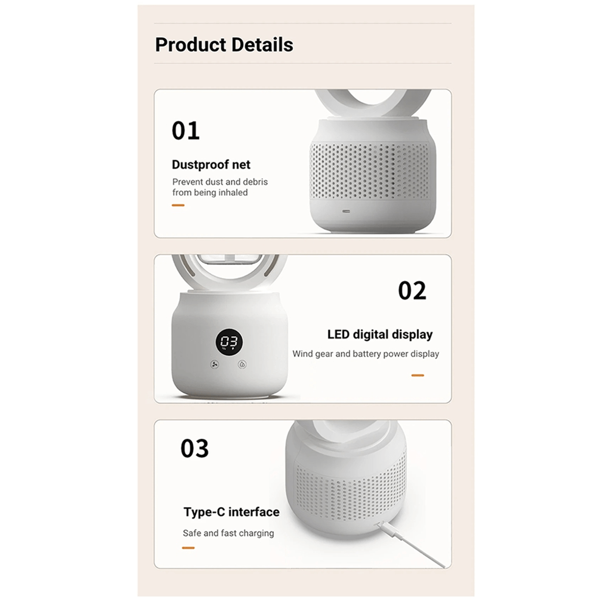 Bladeless Fan, Portable Fan with Humidifier and Night Light, Rechargeable Desk Fan for Bedroom and Office_04
