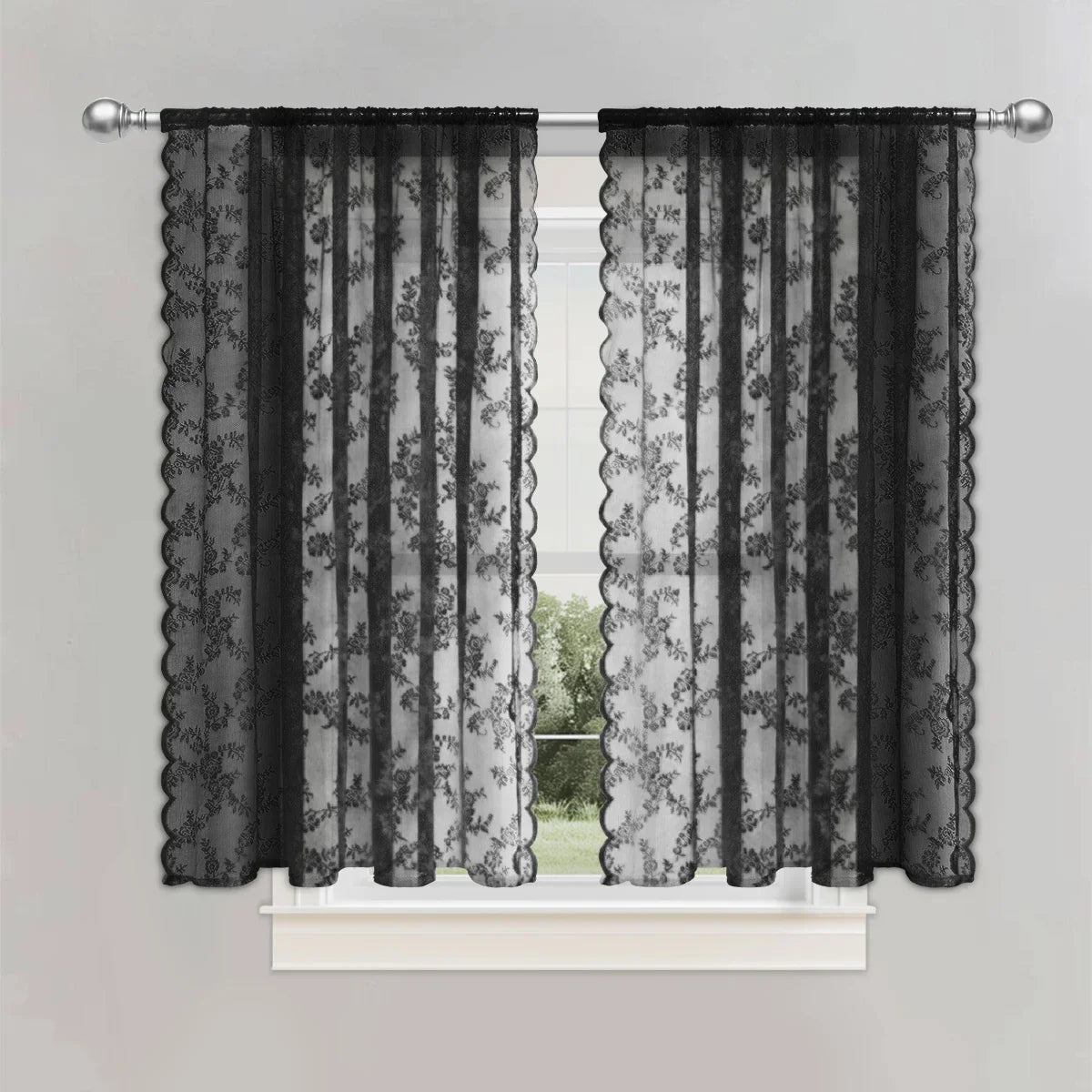 Net Curtains with Rose Lace, Sheer Curtains Set of 2 with Rod Pocket