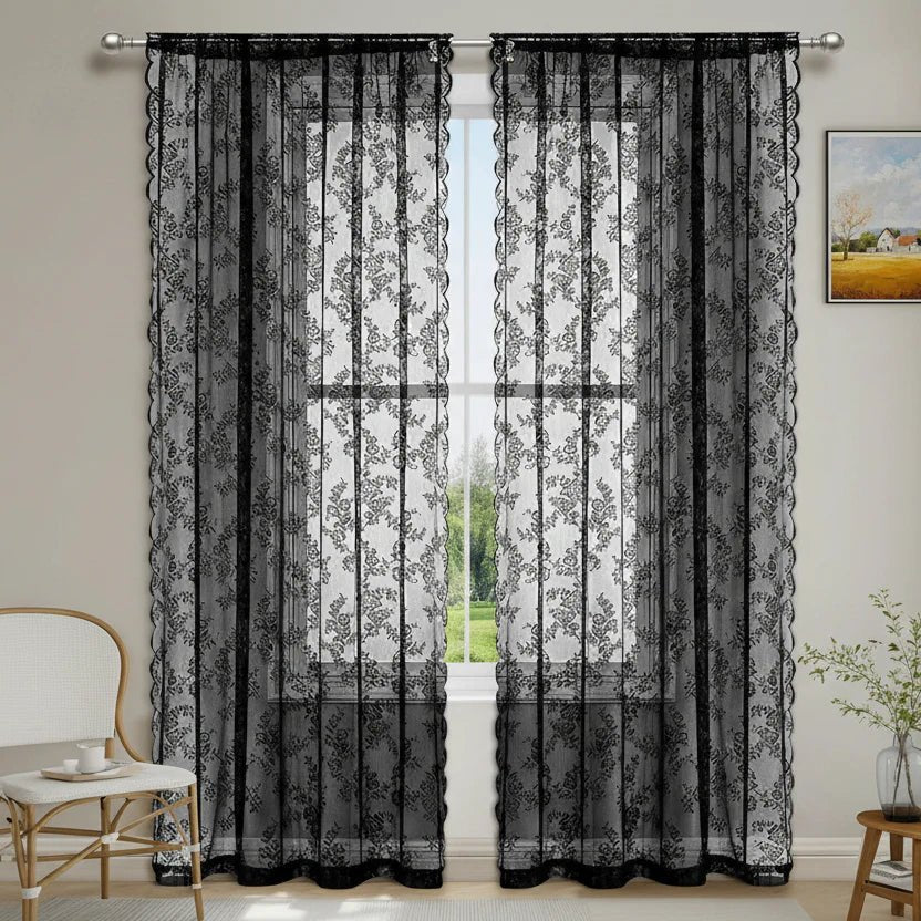 Net Curtains with Rose Lace, Sheer Curtains Set of 2 with Rod Pocket, Voile Curtains for Living Room Windows