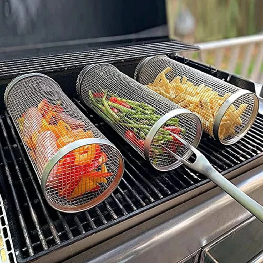 BBQ Grill Basket, Rotating Grilling Basket for Vegetables and Fish, Stainless Steel BBQ Accessories, Barbecue Tools_02