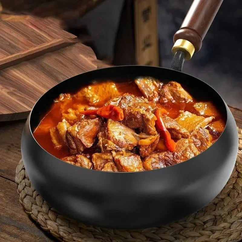 Wrought Iron Frying Pan, Deep Frying Pans with Wooden Handle, Hand Forged Uncoated Iron Pan, 24/28 cm_05