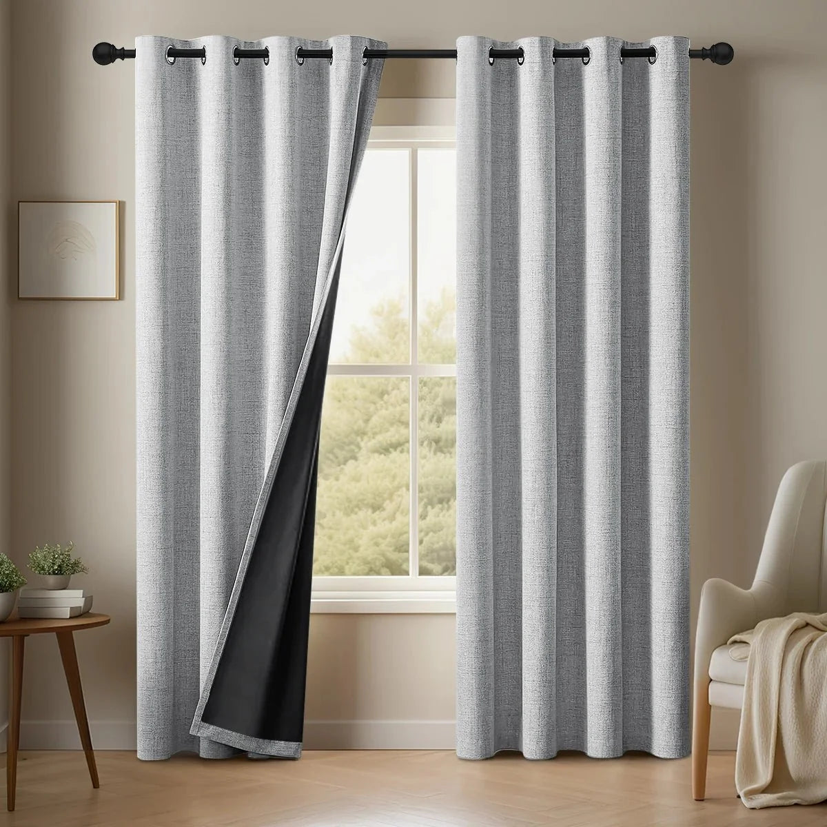 Blackout Curtains Set of 2 in Linen Look, Bedroom Curtains with Slot Top, Curtains for Living Room in Solid Colour_06