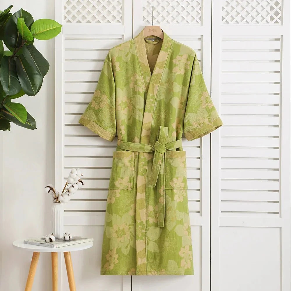 Kimono Bathrobe, Gauze Cotton Dressing Gown with Waist Tie, Reversible Kimono Robe for Loungewear, Cotton House Coat_12