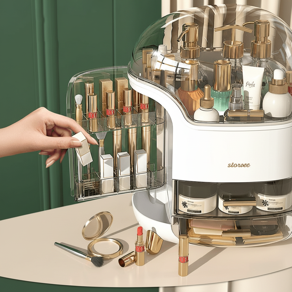 Makeup Organiser, Clear Cosmetic Organiser Box, Dustproof Makeup Storage Box with Compartments and Makeup Brush Holder_03