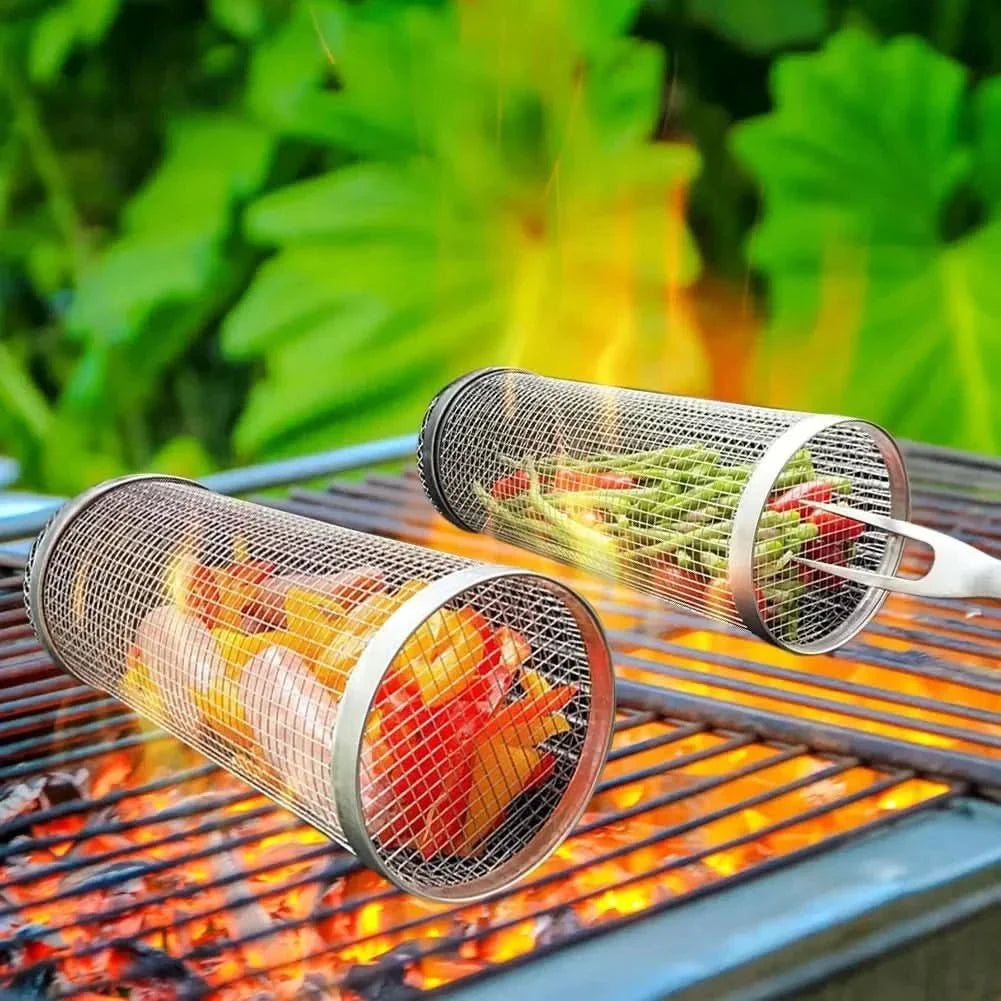 BBQ Grill Basket, Rotating Grilling Basket for Vegetables and Fish, Stainless Steel BBQ Accessories, Barbecue Tools_00