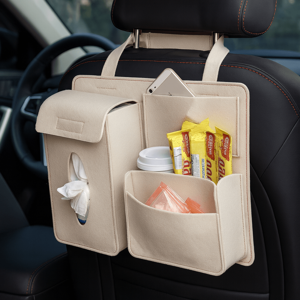 Car Seat Organiser, Back Seat Organiser with 4 Pockets, Felt Car Organiser for Kids, Car Seat Back Protector_03
