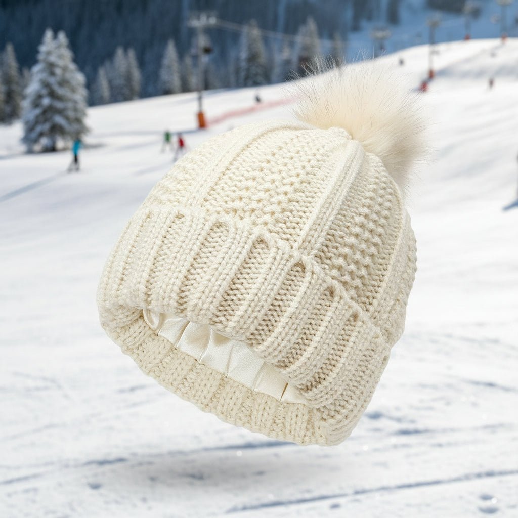 Beanie Hats with Silk Lining, Pom Pom Bobble Hat, Silk Lined Beanie for Hair Protection, Antistatic Winter Hat