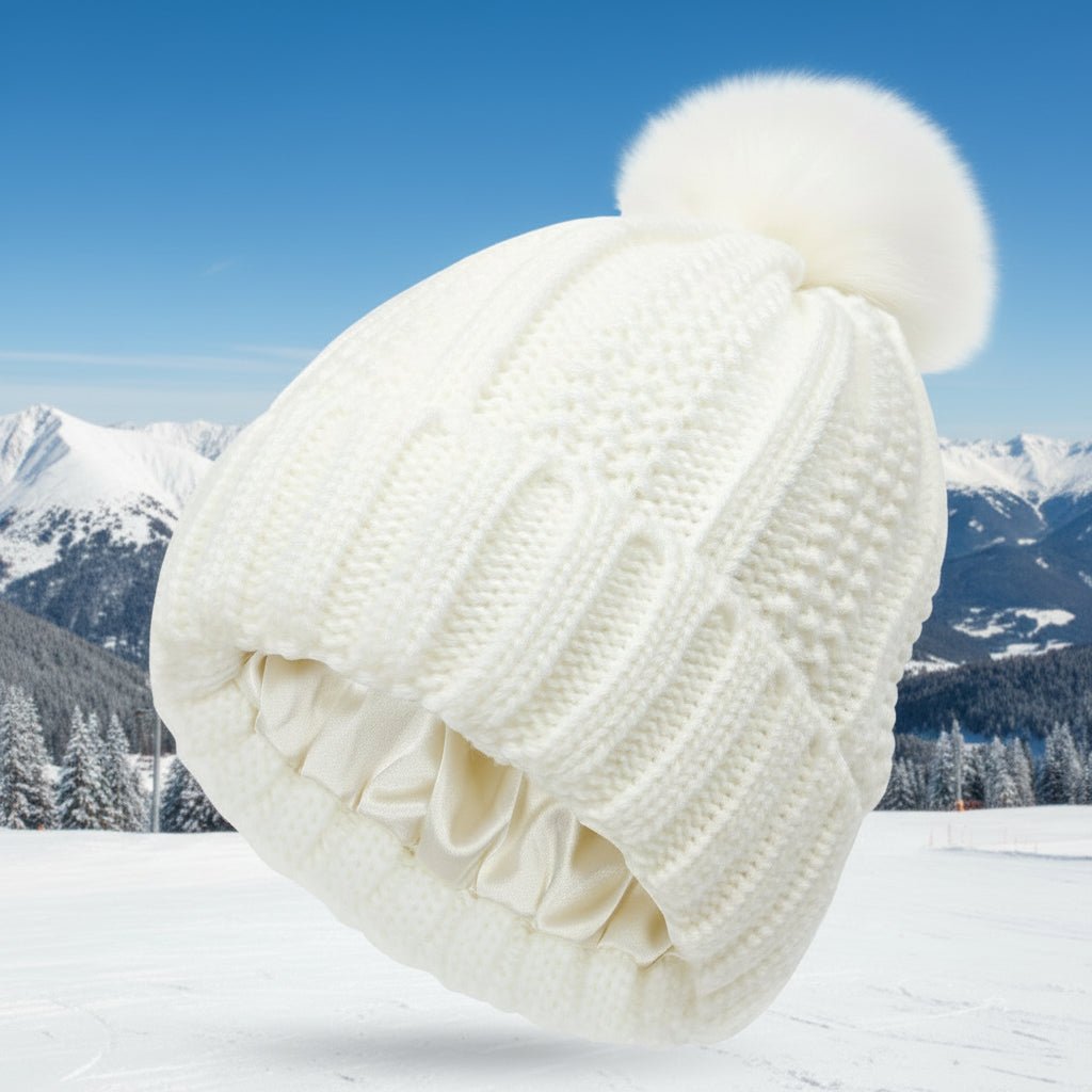 Beanie Hats with Silk Lining, Pom Pom Bobble Hat