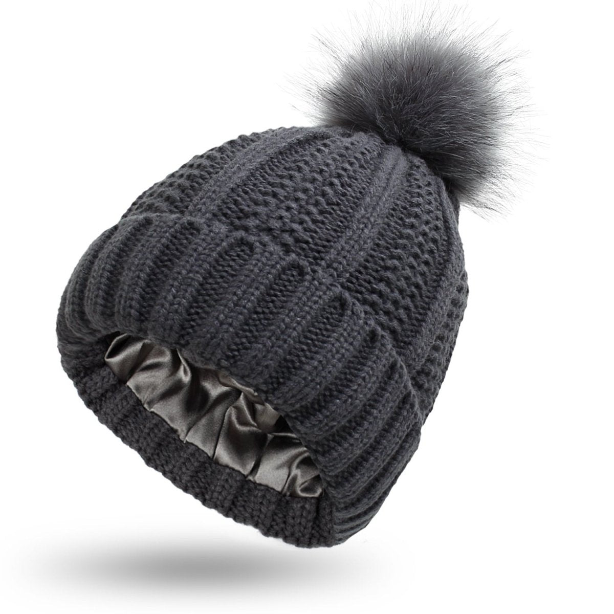 Pom Pom Bobble Hat, Silk Lined Beanie for Hair Protection – image 6