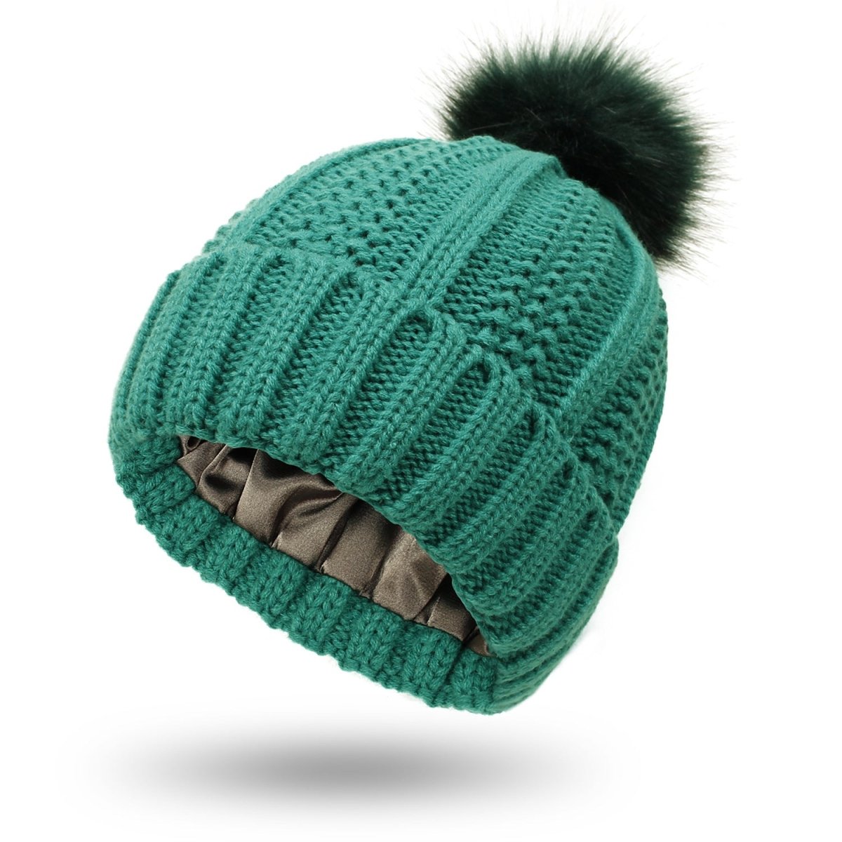 Pom Pom Bobble Hat, Silk Lined Beanie for Hair Protection – image 10