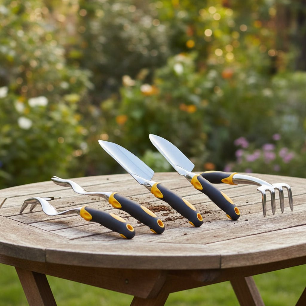 Garden Tool Set with Garden Gloves, Stainless Steel Gardening Tools, Trowel, Hand Cultivator and Transplanting Trowel