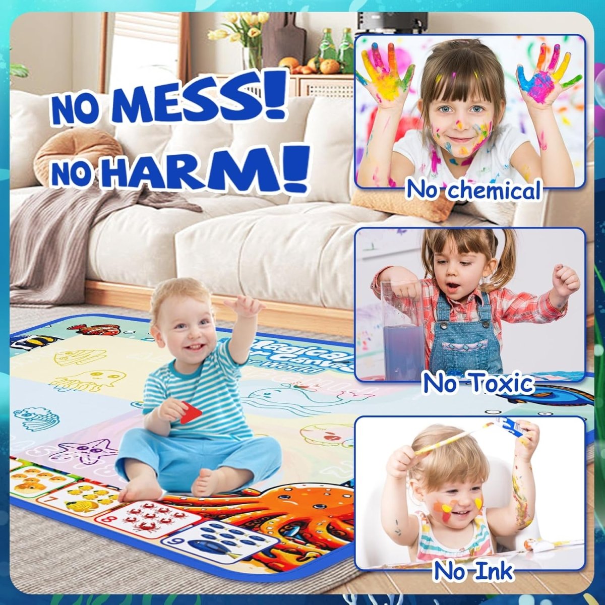 Water Doodle Mat 100 x 80 cm, Water Painting Mat with Magic Pen, Mess Free Colouring Mat, Toys for 3 Year Olds_03