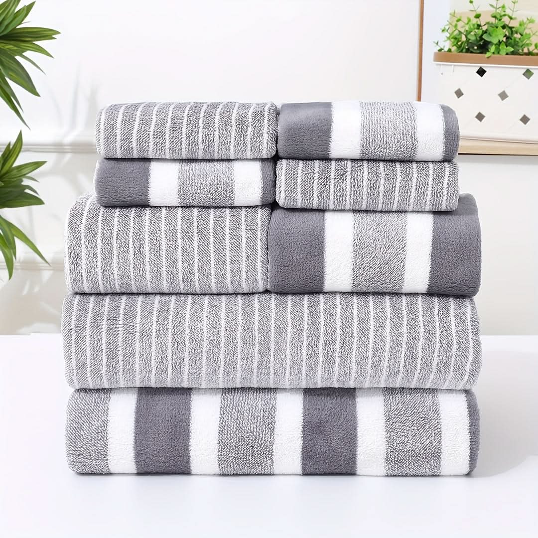Bath Towel Set of 8, Quick Dry Striped Microfibre Towels with 2 Hand Towels and 4 Face Cloths_02