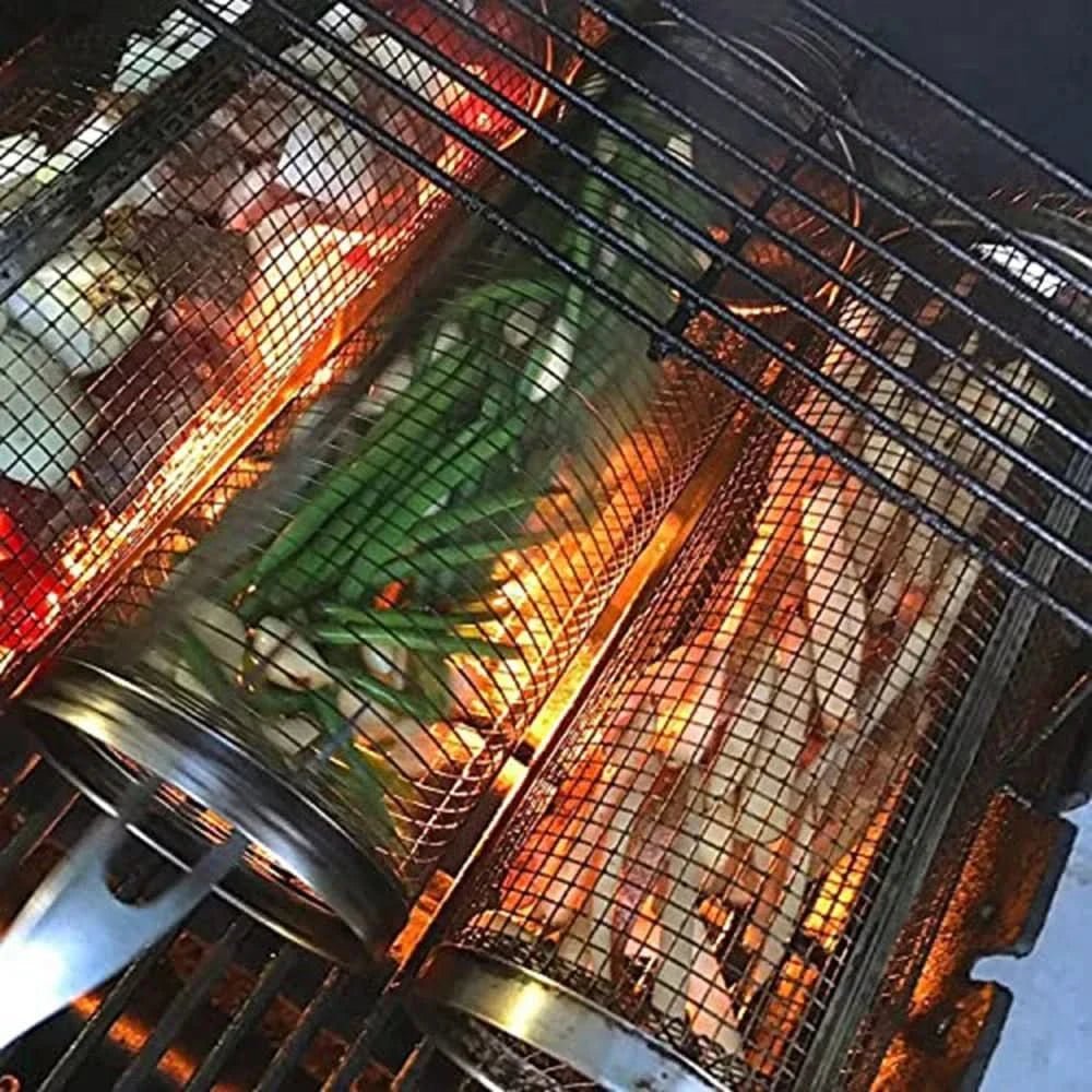BBQ Grill Basket, Rotating Grilling Basket for Vegetables and Fish, Stainless Steel BBQ Accessories, Barbecue Tools_03