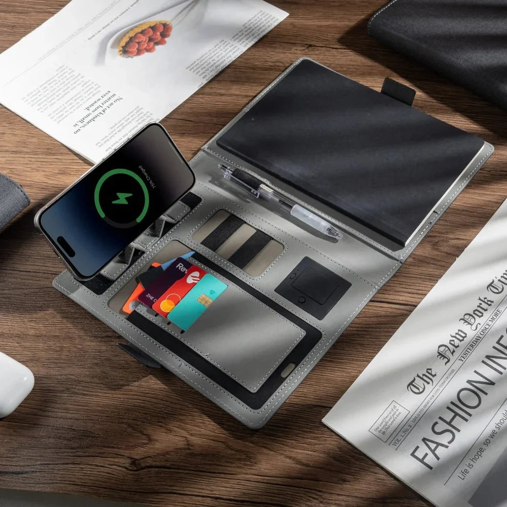 A5 Notebook with Wireless Charging, PU Leather Notebook Cover with Pen Holder, Refillable Notebook, A5 Folder_02