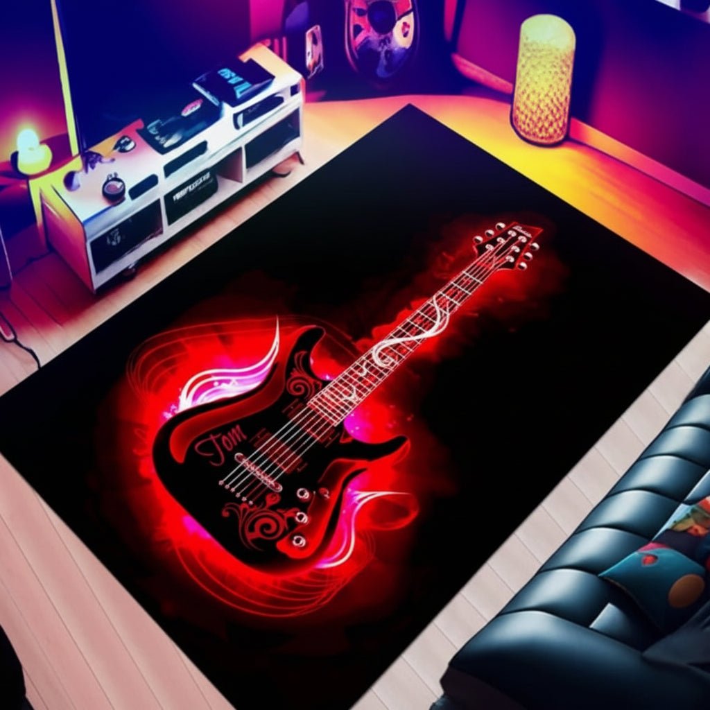 Washable Rug for Living Room, Vintage Rug with Guitar Design, Bedroom Rug with Non Slip Backing, Soft Flannel Carpet_00