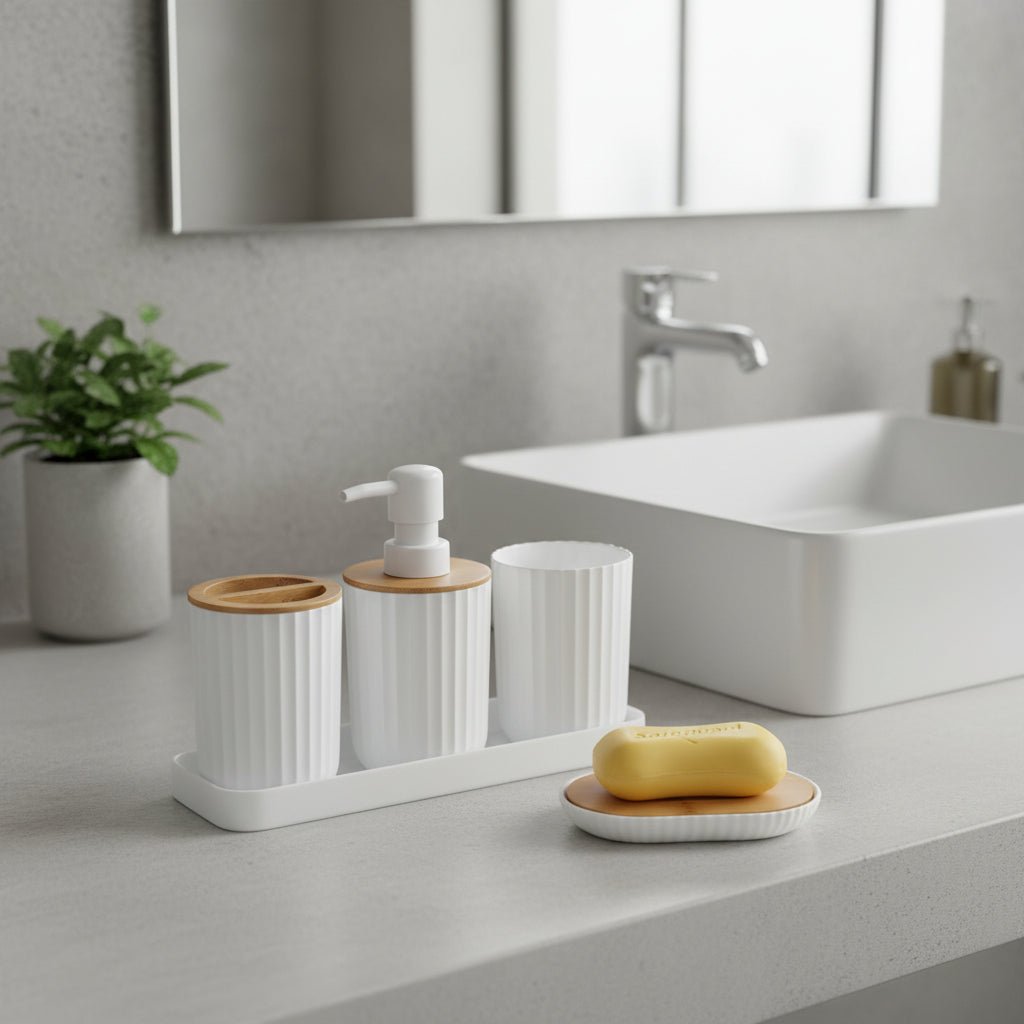 Bathroom Accessories Set, 5 Piece Bathroom Set with Soap Dispenser and Soap Dish, Toothbrush Holder with Cup and Tray_00