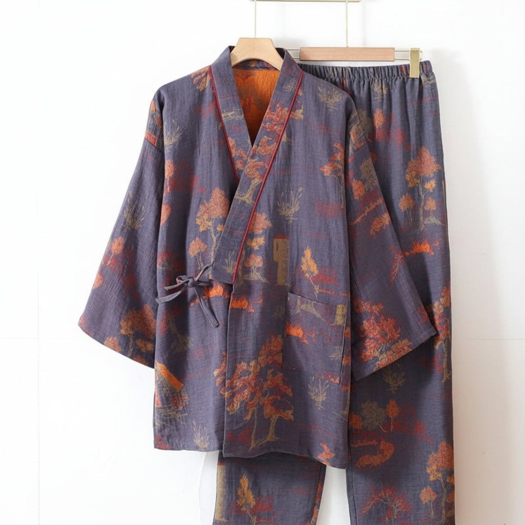 Cotton Pyjamas, Kimono Style Pyjama Set with Watercolour Print, Loungewear Set, Soft Cotton PJs for Sleeping_07
