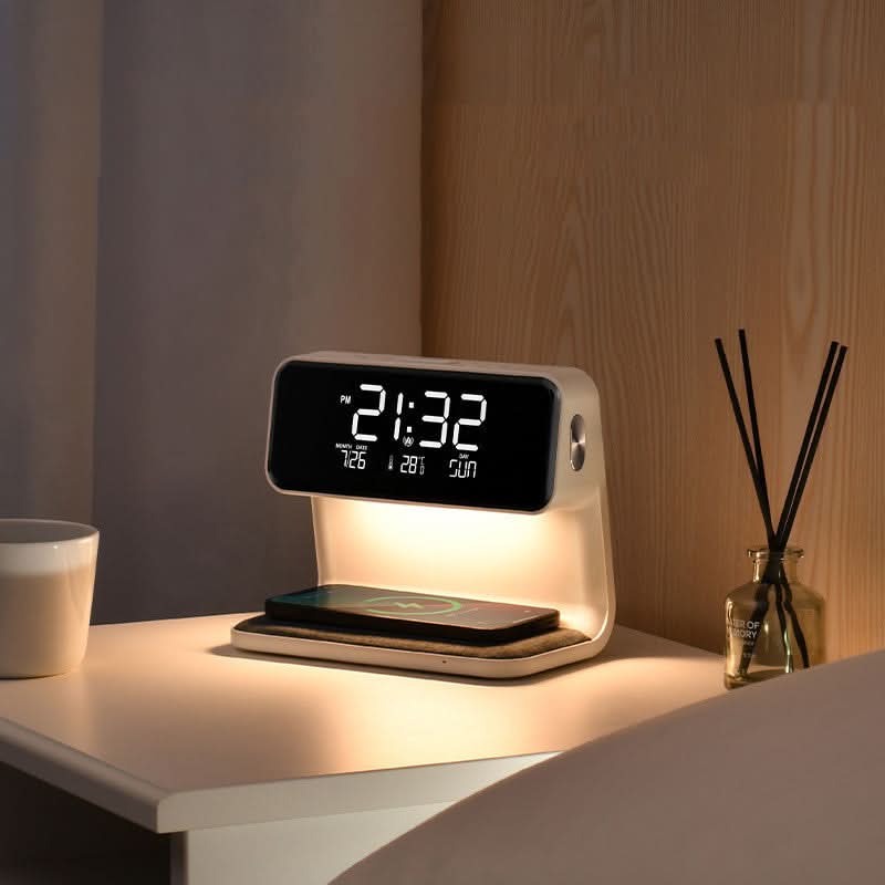 Alarm Clock with Wireless Charger, Touch Bedside Lamp, Dimmable Table Lamp, Digital Clock, Phone Charging Station