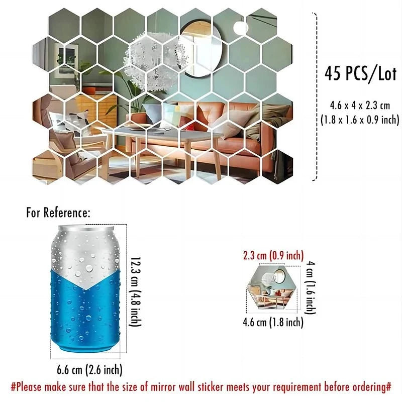 Hexagonal Mirror Wall Stickers, Stick On Mirror Tiles 45 Pack, Self Adhesive Wall Tiles, Decorative Mirrors for Wall_05