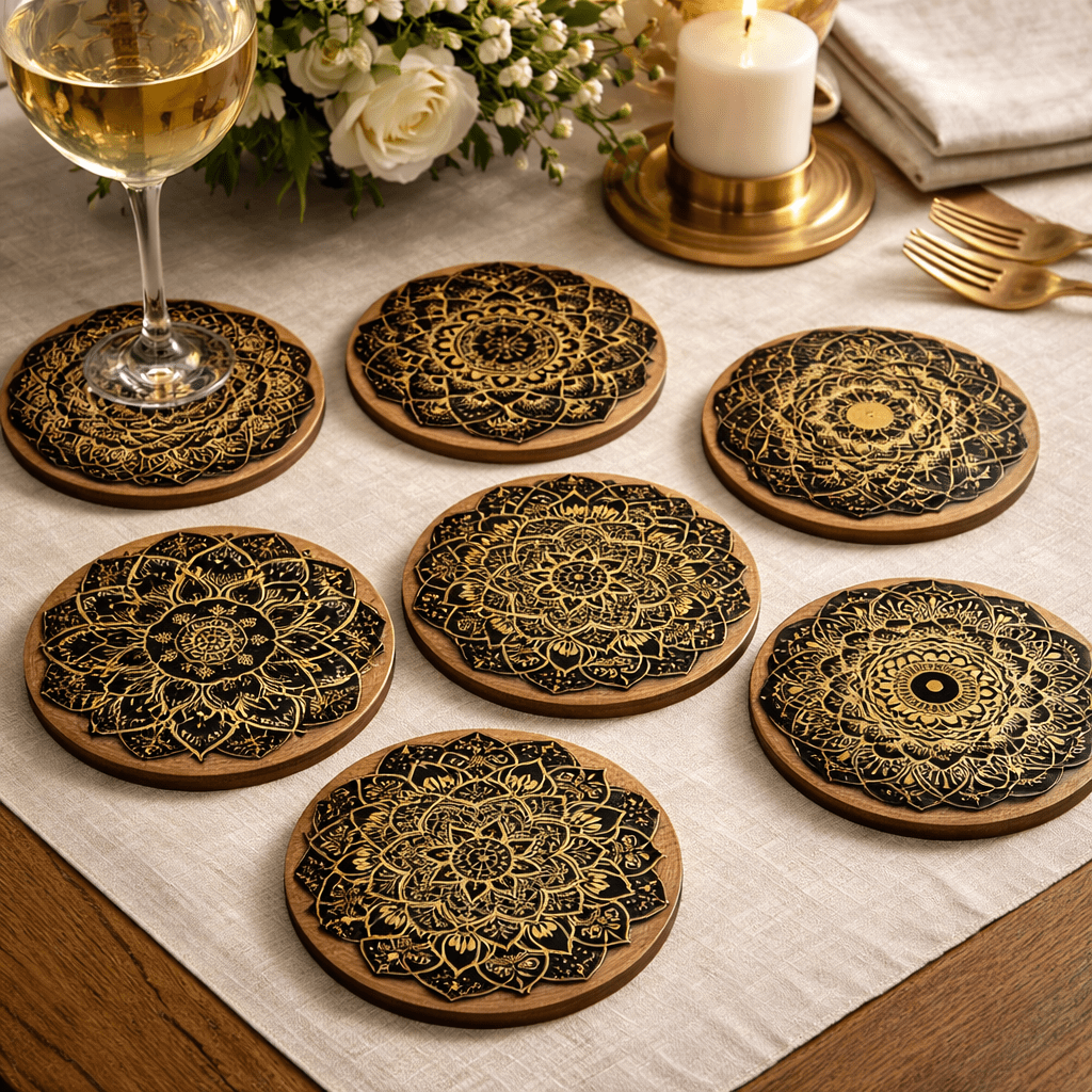 Wooden Drink Coasters, Round Wood Coaster with Mandala Print, Heat Resistant Table Decor and Kitchen Accessories