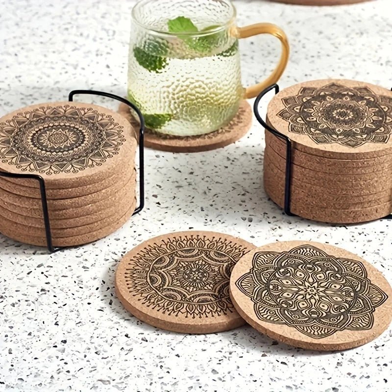 Wooden Drink Coasters, Round Wood Coaster with Mandala Print