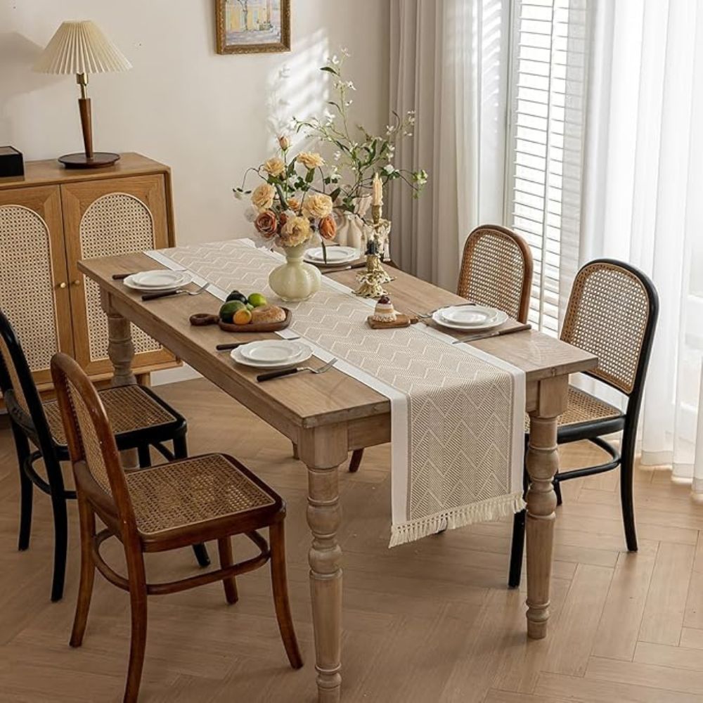 Woven Table Runner with Fringes, Long Dining Table Runner, Scandinavian Table Decoration and Home Decor_03