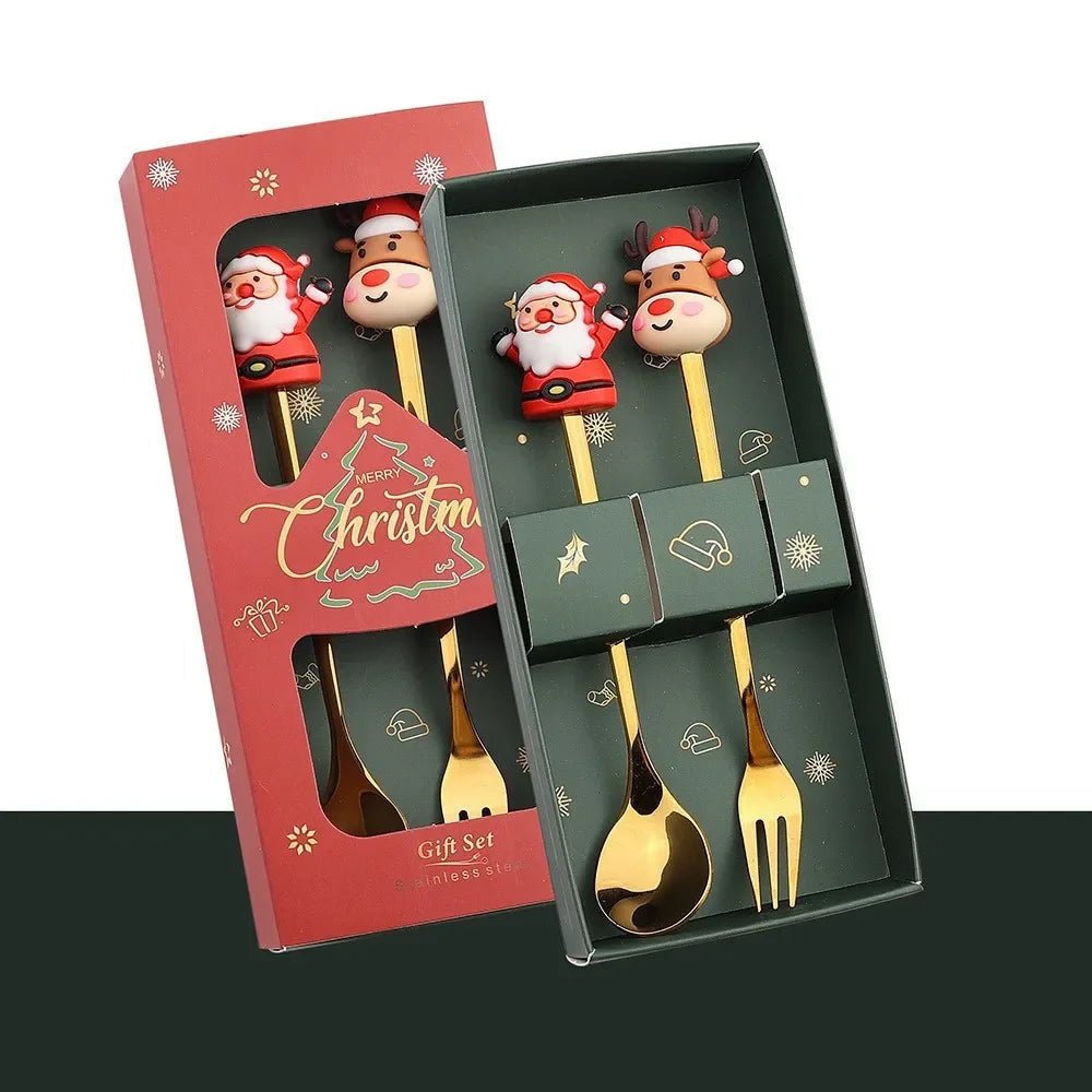 Christmas Teaspoons, Dessert Spoons, Dessert Forks, Stainless Steel Cutlery Set with Festive Tree and Santa Motifs_09