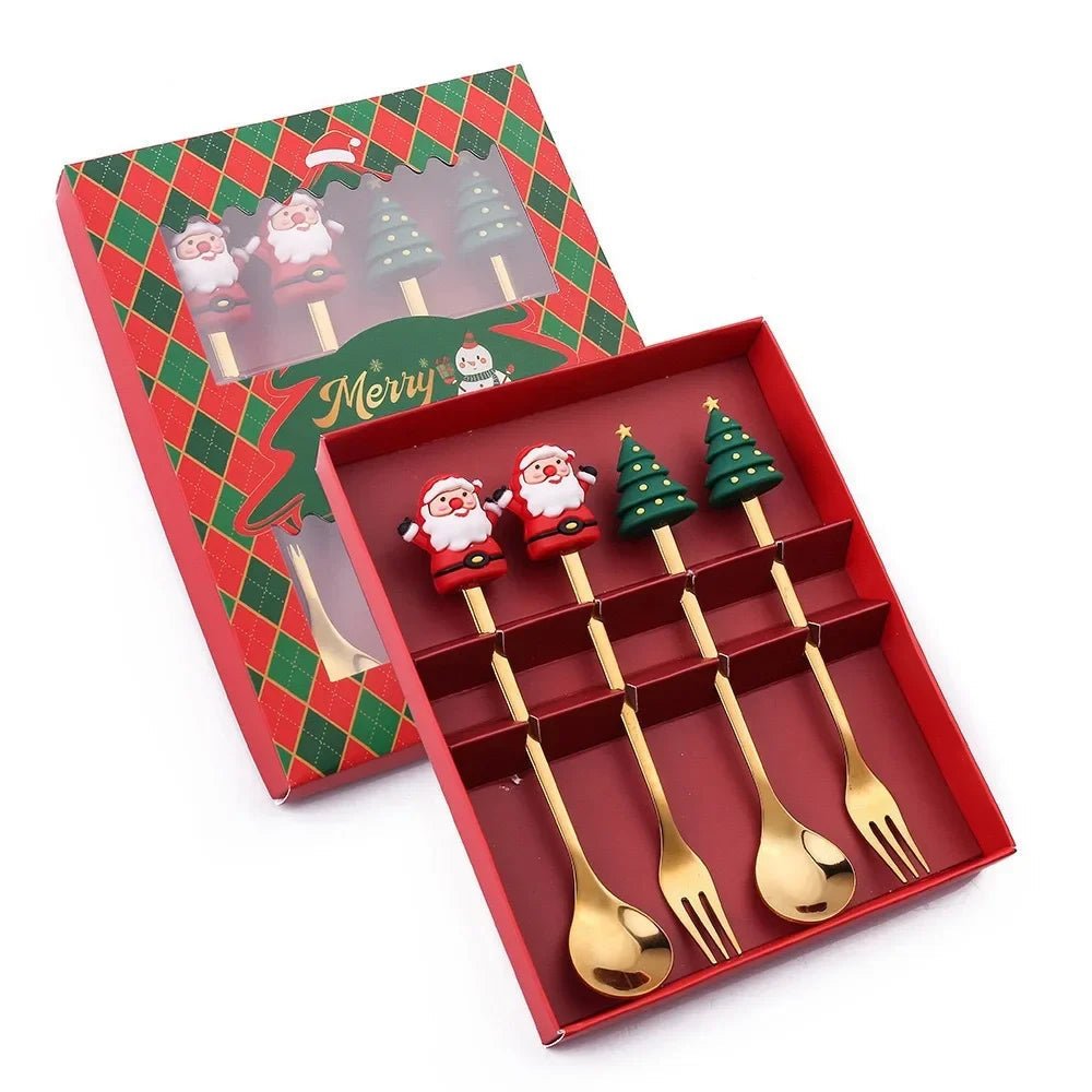 Christmas Teaspoons, Dessert Spoons, Dessert Forks, Stainless Steel Cutlery Set with Festive Tree and Santa Motifs_13
