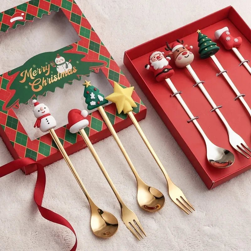 Christmas Teaspoons, Dessert Spoons, Dessert Forks, Stainless Steel Cutlery Set with Festive Tree and Santa Motifs_03