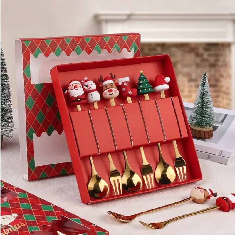 Christmas Teaspoons, Dessert Spoons, Dessert Forks, Stainless Steel Cutlery Set with Festive Tree and Santa Motifs_05