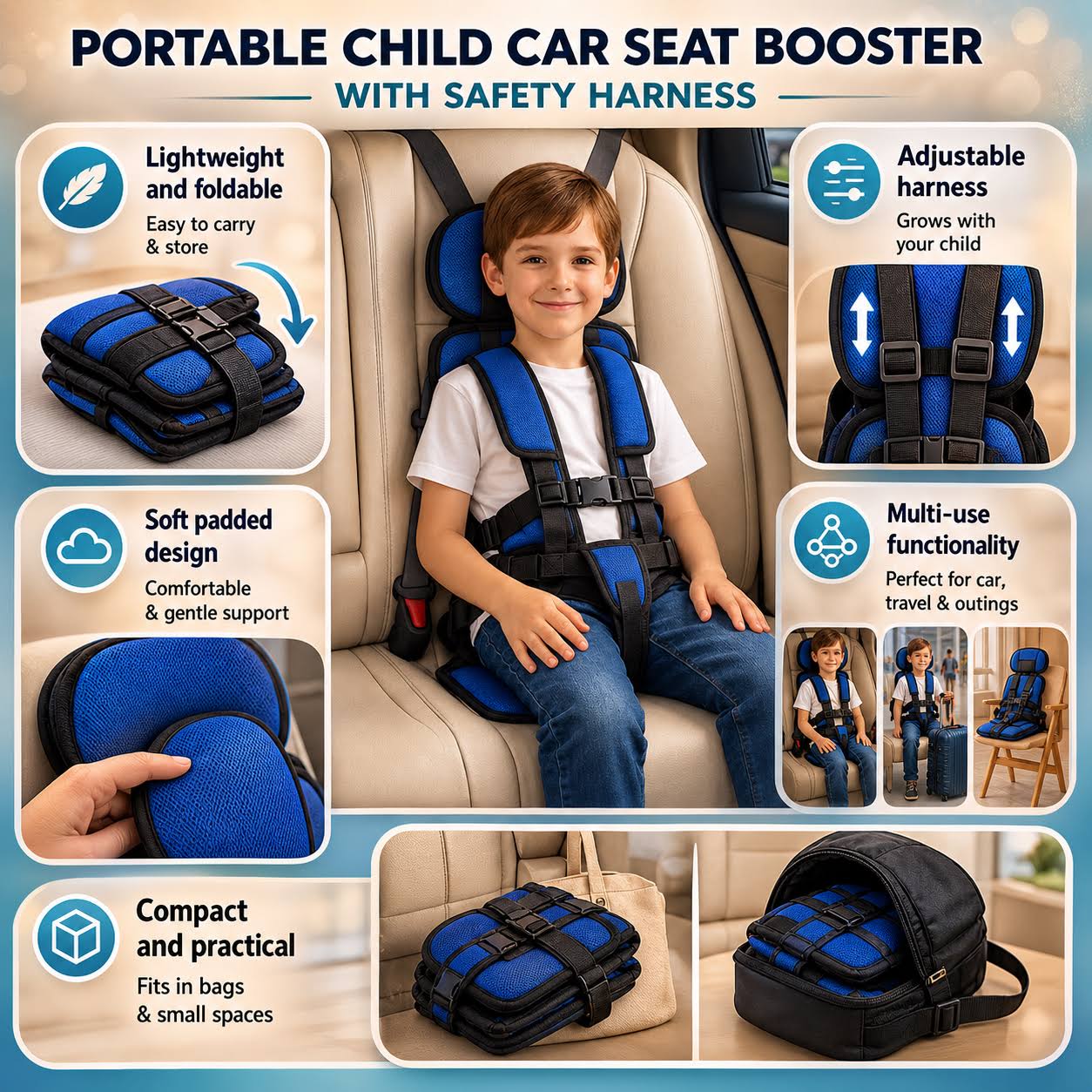Travel Buddy | Portable Booster Car Seat with 5-Point Harness | Foldable Design for Easy Transport 4