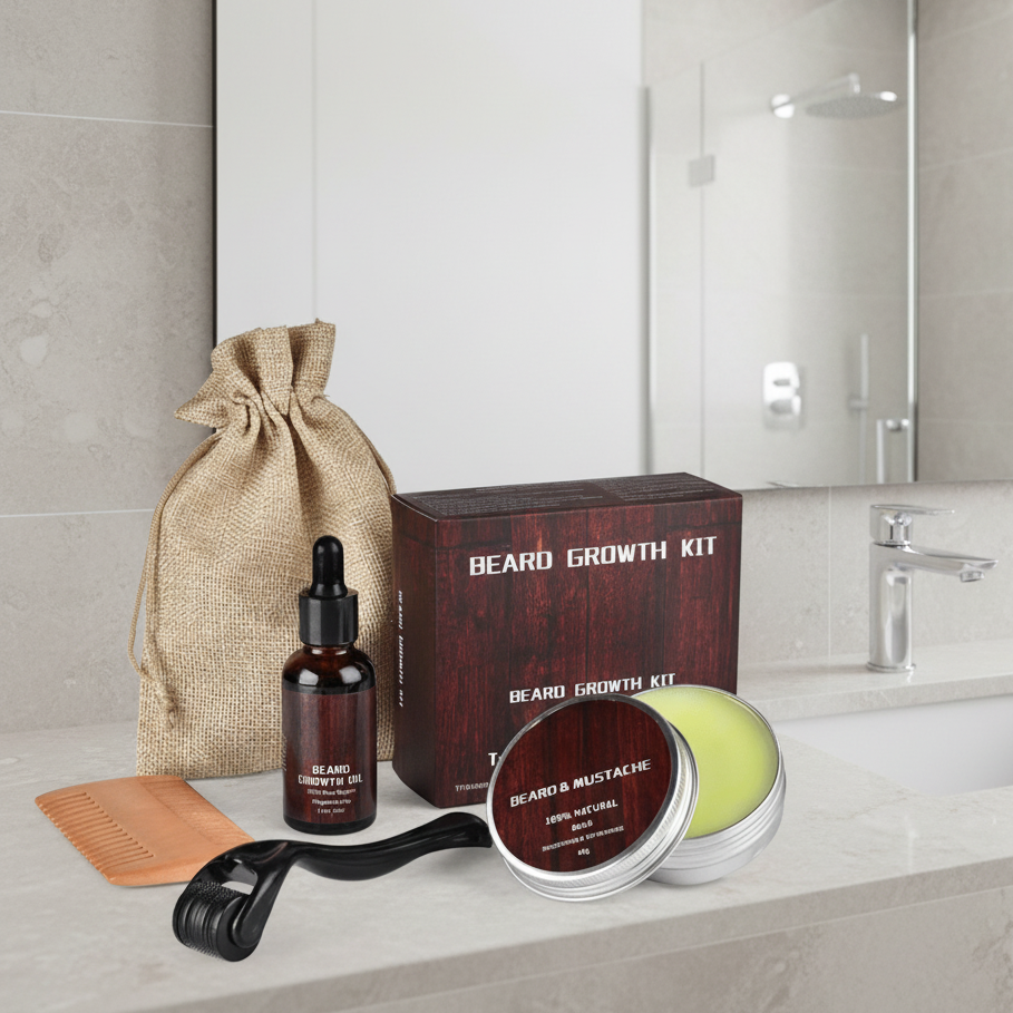 Beard Growth Kit with Derma Roller, Beard Oil, Beard Balm, Wooden Comb and Storage Bag for Mens Grooming