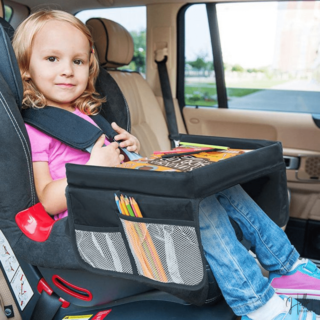Car Seat Tray for Kids, Pushchair Snack Tray and Pram Tray for Travel, Car Seat Table with Side Pockets and Foam Edge