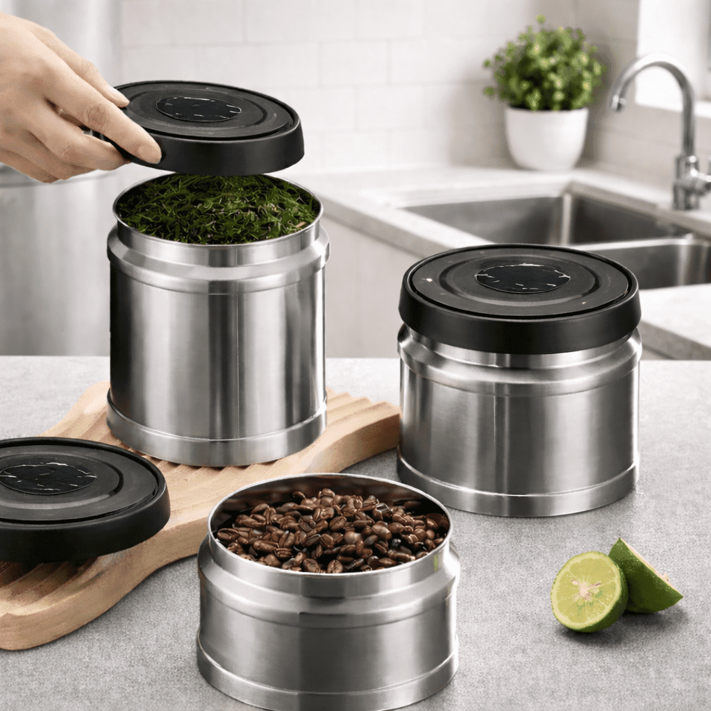 Airtight Food Storage Containers, Coffee Tin with Vacuum Lid, Stainless Steel Kitchen Canisters, Coffee Accessories_00