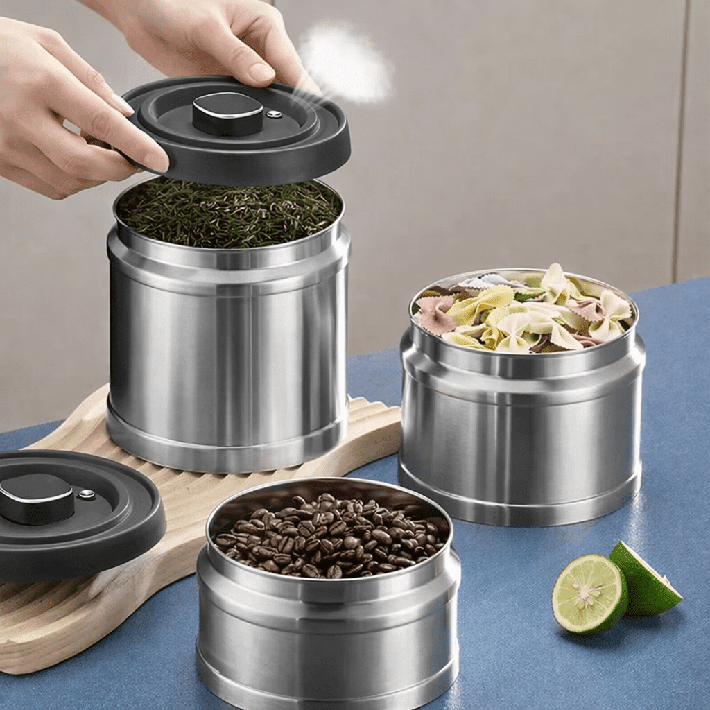 Airtight Food Storage Containers, Coffee Tin with Vacuum Lid, Stainless Steel Kitchen Canisters, Coffee Accessories_01