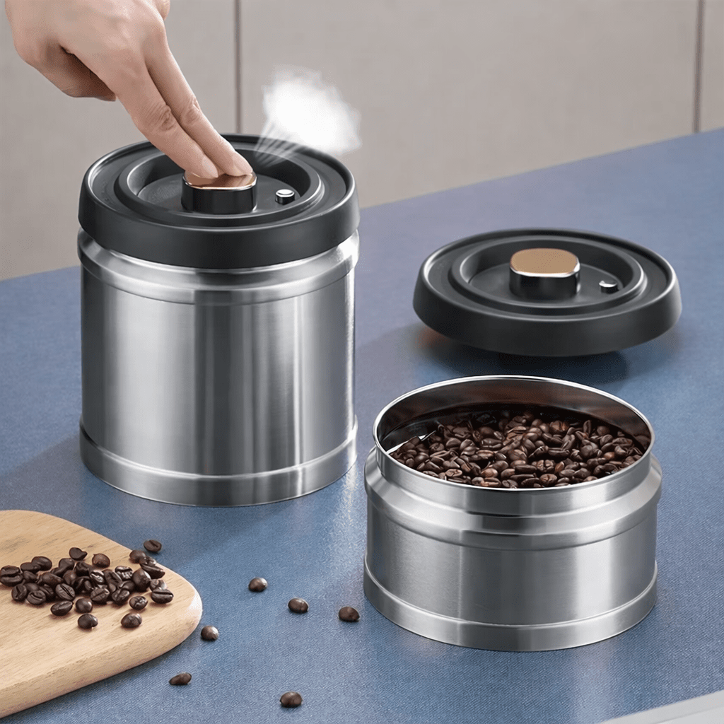 Airtight Food Storage Containers, Coffee Tin with Vacuum Lid, Stainless Steel Kitchen Canisters, Coffee Accessories_02