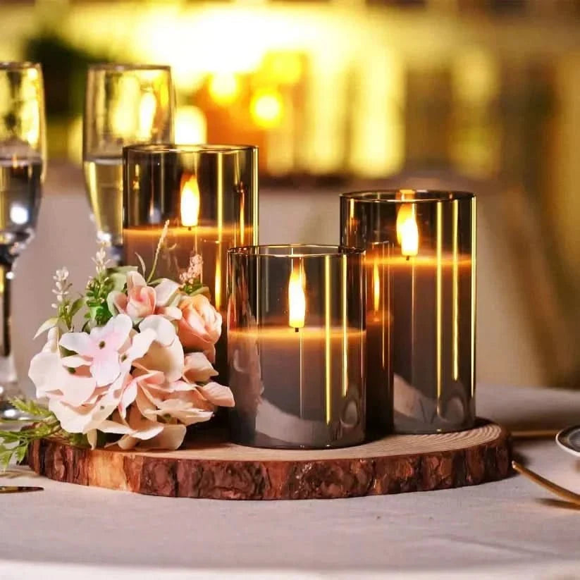 Battery Candles Set of 3, Fake Candles 10 to 25 cm Tall, Battery Operated Candles in Gold, Grey or Clear for Home Decor_01