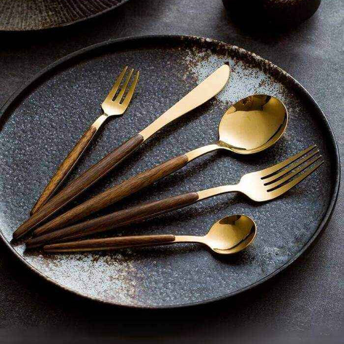 Cutlery Sets for 4 People, 16 Piece Stainless Steel Cutlery Set with Wood Handles, Gold Cutlery Set with Storage Box_00