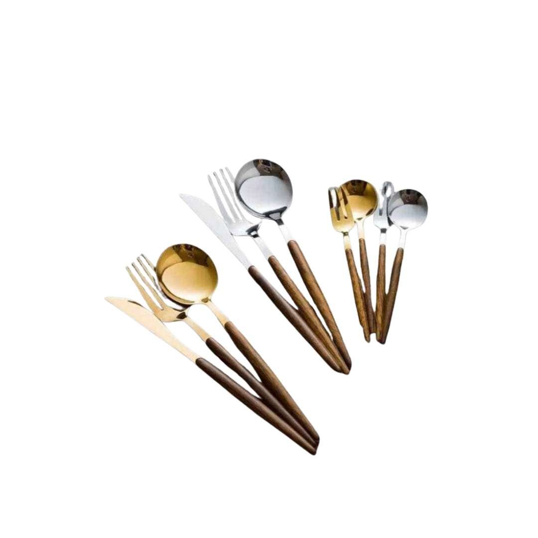 Cutlery Sets for 4 People, 16 Piece Stainless Steel Cutlery Set with Wood Handles, Gold Cutlery Set with Storage Box_08
