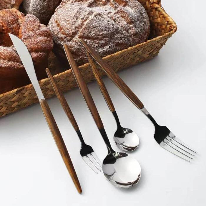 Cutlery Sets for 4 People, 16 Piece Stainless Steel Cutlery Set with Wood Handles, Gold Cutlery Set with Storage Box_01