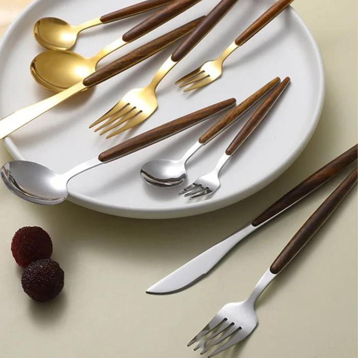 Cutlery Sets for 4 People, 16 Piece Stainless Steel Cutlery Set with Wood Handles, Gold Cutlery Set with Storage Box_02
