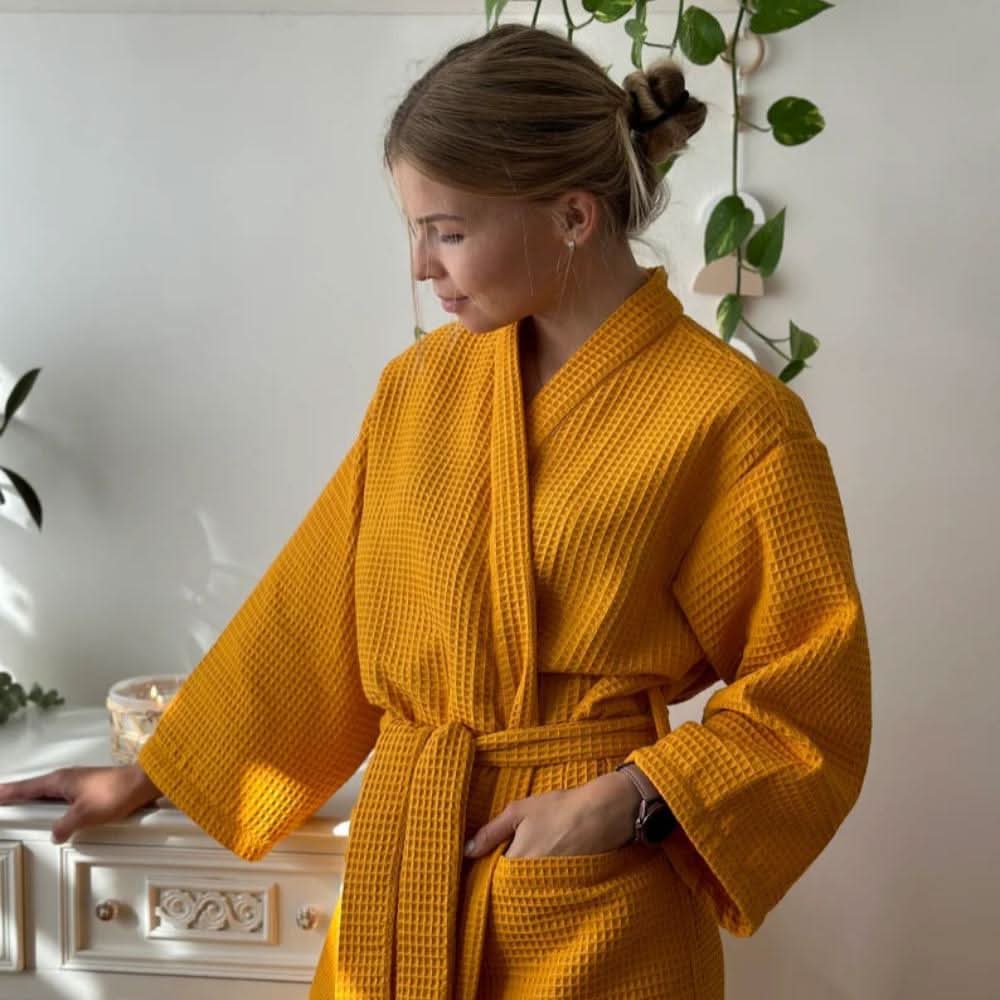 Ladies Dressing Gown, 100% Cotton Waffle Dressing Gown Women, V Neck Bath Robe with Pockets_01