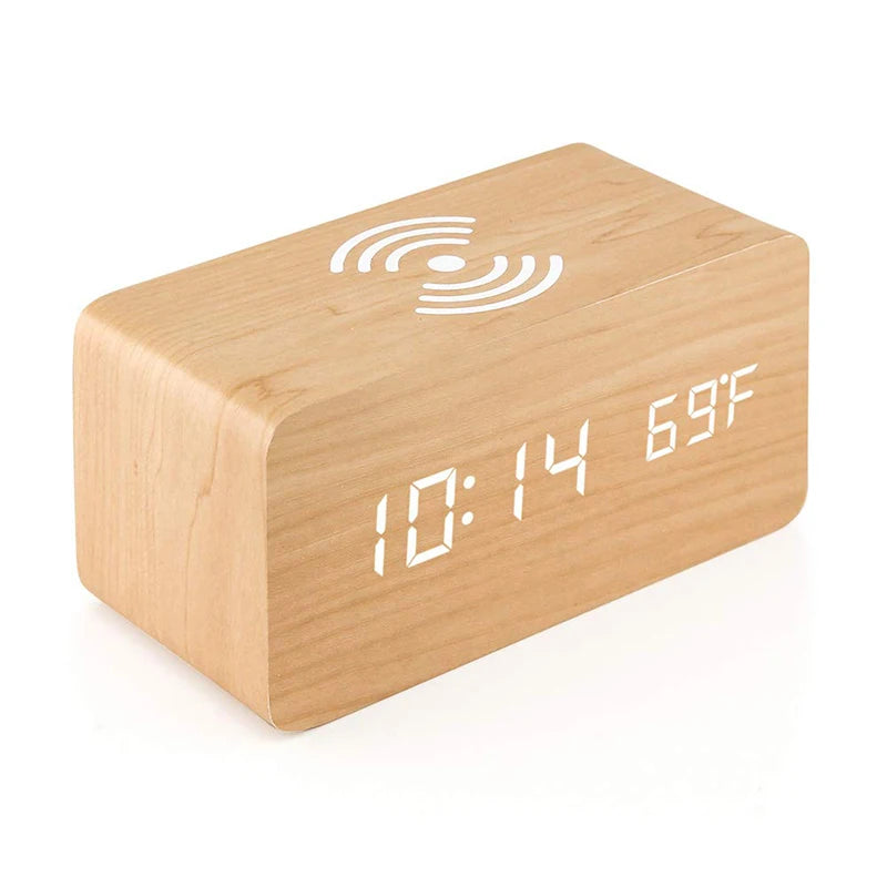 Wooden Digital Alarm Clock with Wireless Charging & Temperature Display | Multifunctional Design for Home & Office 0