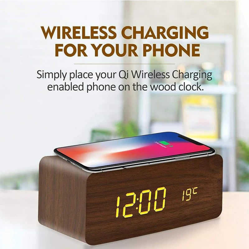 Wooden Digital Alarm Clock with Wireless Charging & Temperature Display | Multifunctional Design for Home & Office 2
